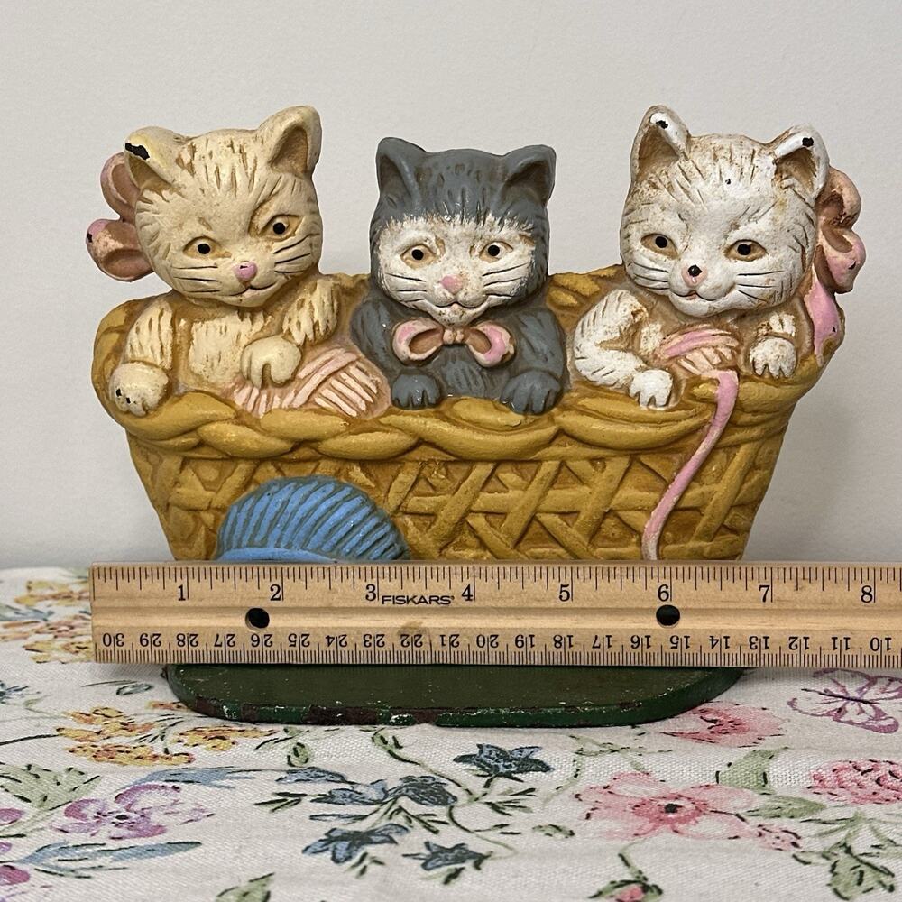Vintage Kittens In Knitting Basket Cast Iron Door Stop Hand Painted Grandmacore
